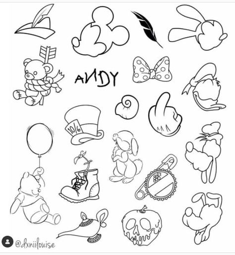 Simple Disney Tattoo Drawings, Small Disney Outline Tattoos, Disney Flash Sheet Tattoo, Disney Sticker Tattoo Ideas, Disney Tattoos Small Princess, One Line Disney Tattoo, Patchwork Tattoo Ideas Disney, Small Tattoos Cartoon, Disney Filler Tattoo Ideas Gap