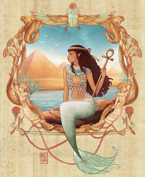 Amphitrite Goddess Art, Mermaid Symbolism, Illustration Stationery, Egyptian Princess, Alternative Disney Princesses, Alternative Disney, Ancient Egyptian Symbols, Fantasy Mermaids, Mermaid Drawings