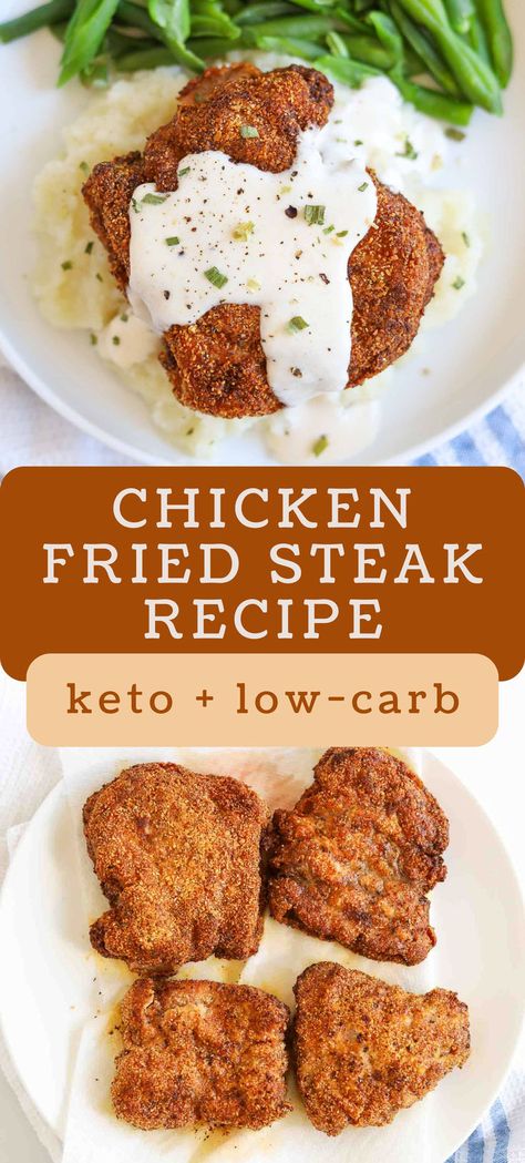 Made with tender cubed steak, a crispy almond flour coating, and accompanied by a creamy white gravy, this keto chicken fried steak recipe brings all the comfort food flavors you love—without the carbs! keto southern food | keto comfort food | keto family dinner Keto Country Fried Steak, Keto Minute Steak Recipes, Keto Skirt Steak Recipe, Keto Dinner Recipes Steak, Keto Chicken And Gravy, Healthy Chicken Fried Steak, Keto Steak And Eggs, Gluten Free Chicken Fried Steak, Keto Steak Dinner