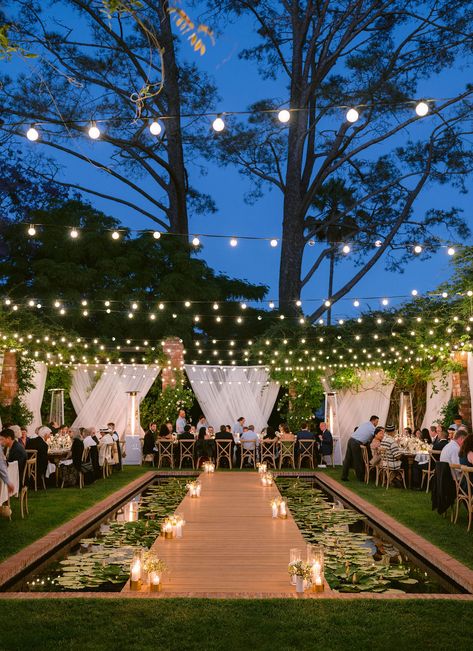 Koi Pond Wedding, Backyard Pond Wedding, Wedding In Front Of Pond, Wine Yard Wedding, Wedding Outdoor Lighting, Floating Lanterns Wedding, Evening Garden Wedding, White Wedding Outdoor, White Lights Wedding