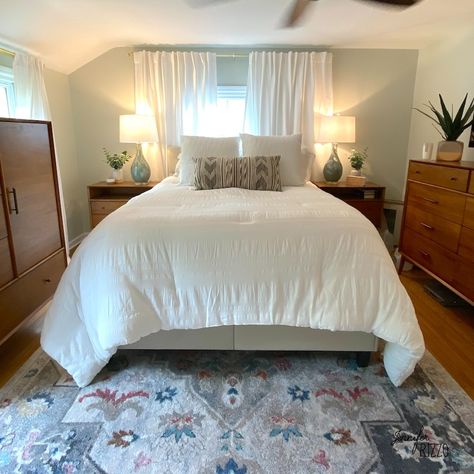 Small Space Decorating: How To Place A Bed In Front Of An Off-Set Window - Jennifer Rizzo Headboard In Front Of Window, Off Center Window, Bed Against Window, Off Center Windows, Bedroom Furniture Placement, Small Space Decorating, Bed Placement, Bedroom Redesign, Large Curtains