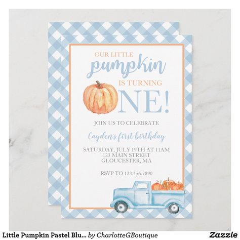 Fall First Birthday, Fall 1st Birthdays, Pumpkin Birthday Parties, Pumpkin 1st Birthdays, Pumpkin Invitation, Pumpkin First Birthday, Autumn Invitations, Pumpkin Birthday, Blue Truck