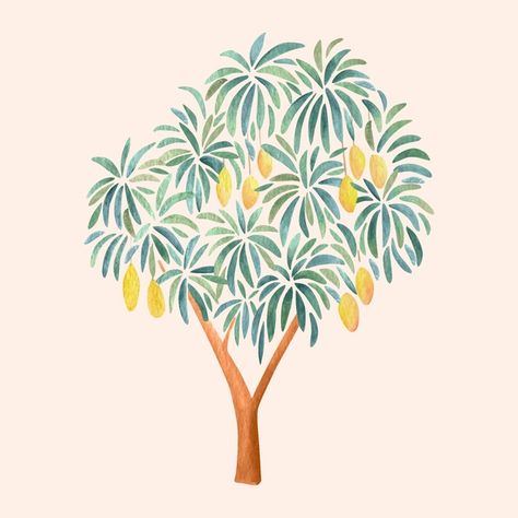 Free Vector | Watercolor mango tree illustration Mango Tree Watercolor, Mango Line Drawing, Tropical Tree Illustration, Mango Tree Sketch, Mango Line Art, Mango Tree Painting, Mango Tree Tattoo, Mango Tree Drawing, Mango Tree Illustration