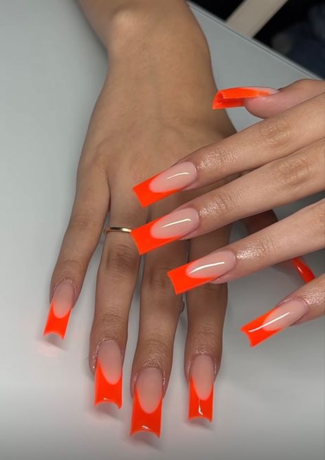 Neon Orange French Tips, Neon Orange Acrylic Nails, Neon French Tip Nails, Orange French Nails, Medium French Tip, Neon French Tips, Orange French Tips, Orange French Tip Nails, Bratz Nails