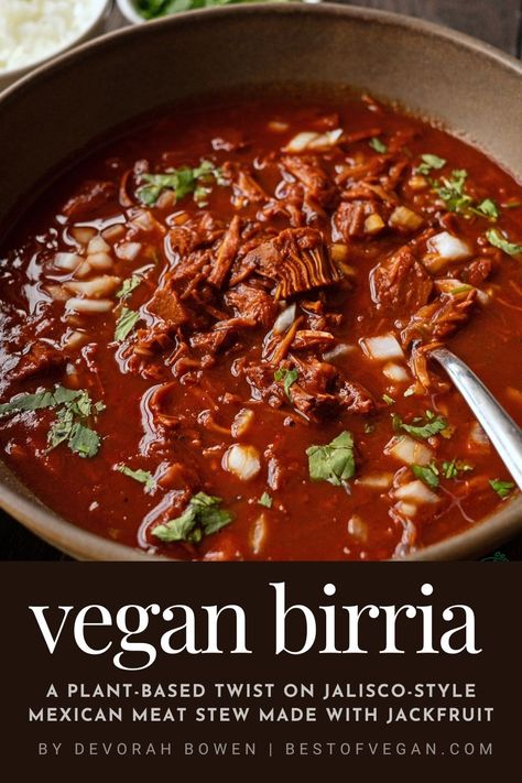 This is a vegan twist on the traditional bold and deeply flavorful meat stew from Jalisco, Mexico. Thisrecipe uses jackfruit in place of meat to give it texture while keeping it fully plant based. It can be enjoyed as a stew or as tacos! #GlutenFree #Vegan Birria Tacos Vegan, Vegan Tamales Recipe, Jackfruit Birria, Jackfruit Birria Tacos, Vegan Barbacoa, Vegan Feijoada Recipe, Vegan Carnitas, Jackfruit Pot Roast Vegan, Vegan Mole