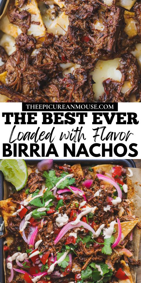 Mexican Chicken Nachos Recipe, Pulled Beef Nachos Recipe, At Home Nachos Recipe, Pulled Beef Nachos, What To Serve With Birria Tacos, Birria Nachos Recipe, Shredded Beef Nachos Recipes, Birria Side Dishes, Authentic Nachos