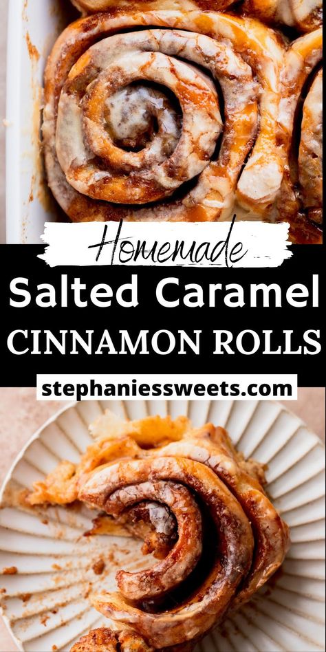 These caramel cinnamon rolls are super soft and gooey rolls. They are filled with cinnamon filling and salted caramel. On top, they have salted caramel icing and extra caramel! Snickerdoodle Cinnamon Rolls, Leftover Caramel Recipes, Biscoff Cinnamon Rolls Recipe, Salted Caramel Cinnamon Rolls, Cinnamon Roll Flavor Ideas, Caramel Rolls Homemade, Caramel Icing For Cinnamon Rolls, Biscoff Cinnamon Rolls, Caramel Topping For Cinnamon Rolls