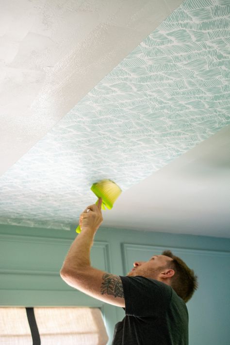 How to install wallpaper to a ceiling — Hausmatter How To Wallpaper A Ceiling, Wallpaper On Ceiling Bathroom, Ceiling Wallpaper Ideas, Wallpaper Bathroom Ceiling, Wallpaper On Ceiling, Clare Paint, Installing Light Fixture, Ceiling Paper, Install Wallpaper