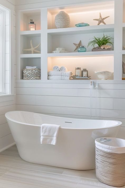 Coastal House Bathroom, Beach House Interior Bathroom, Coastal Master Bath, Coastal Spa Bathroom, California Coastal Interior Design, Beach Bathroom Design, Nautical Shelves, Coastal Bathroom Ideas, Spa Bathroom Design