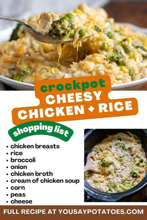 This Crockpot Cheesy Chicken and Rice with broccoli is hearty, flavorful, and super easy to make! This satisfying dish is made with simple ingredients that you probably already have in your pantry. It's a real family pleaser. Brocoli Chicken Rice Crockpot, Crock Pot Cheesy Chicken Broccoli Rice, Easy Crockpot Chicken Broccoli Rice, Cream Of Chicken And Rice Casserole Crock Pot, Chicken Broc Rice Crockpot, Easy Chicken And Rice Recipes Crock Pots, Rice Chicken Broccoli Crockpot, Cheesy Chicken And Rice Crockpot Recipes, Cheesy Chicken Broccoli Rice Casserole Crockpot