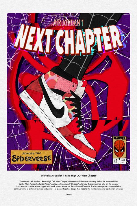 Poster design based on the collab between Marvel and Nike based on the movie Spiderman: Across the spiderverse Marvel Poster Design, Spiderman Graphic Design, Spiderman Into The Spiderverse Drawing, Spiderverse Design, Nike Poster Design, Jordan 1 Poster, Spiderverse Poster, Sneakers Poster, Spiderman Across The Spiderverse