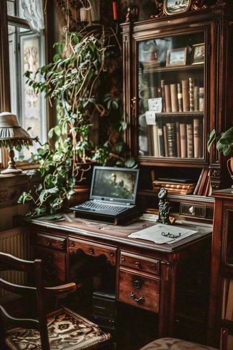 Dark Academia Desk, Historic Home Interiors, Wizard Tower, Library Corner, Vintage Decor Ideas, Vintage Home Office, Outside Room, Timeless Home, Backyard Office