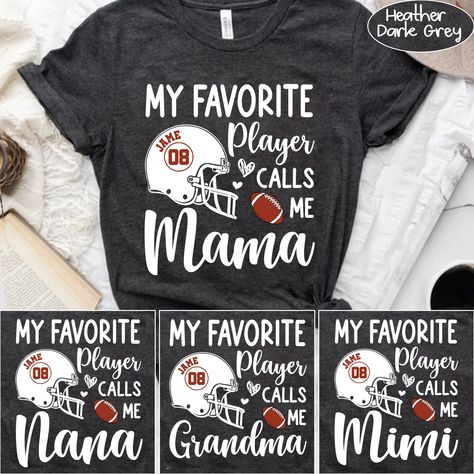 Football Grandma Shirt, Personalized Football My Favorite Player Calls Me Grandma, Name and Number Football, Football Mom Shirt, Sports Mom Fiber composition Solid colors are 100% cotton; Heather colors are 50% cotton, 50% polyester (Sport Grey is 90% cotton, 10% polyester); Antique colors are 60% cotton, 40% polyester Fabric Made from specially spun fibers that make very strong and smooth fabric, perfect for printing Without side seams Knitted in one piece using tubular knit, it reduces fabric waste and makes the garment more attractive Ribbed knit collar without seam Ribbed knit makes the collar highly elastic and helps retain its shape Shoulder tape Twill tape covers the shoulder seams to stabilize the back of the garment and prevent stretching Machine wash: warm (max 40C or 105F); Non- Football Mom Tshirt Designs, Grandma Football Shirts, Football Grandma Shirts Ideas, Football Shirts For Grandma, Football Mama Shirts Ideas, Grandma Football Shirts Design, Football Grandma Shirts, Football Mom Shirts Ideas, Football Spirit Shirts