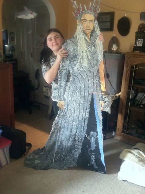 *Life-Size* Thranduil the Elven King (as portrayed by Lee Pace in Desolation of Smaug) out of 32,690 Perler Beads. Took 40 hours to create, I burned myself 3 times  want Lee to see this more than anything else in the world… Lord Of The Rings Perler Bead Patterns, Lord Of The Rings Perler Beads, Perler Bead Creations, Elven King, Geeky Art, Bead Creations, Desolation Of Smaug, Perler Art, Perler Crafts