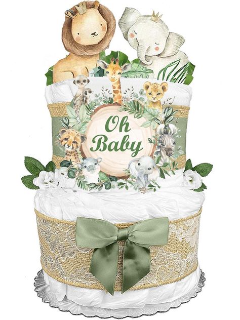 Safari Diaper Cake, Safari Baby Shower Cake, Diaper Cake Instructions, Gender Neutral Baby Shower Gifts, Modern Baby Shower Games, Diaper Cake Boy, Gender Neutral Baby Gifts, Nappy Cakes