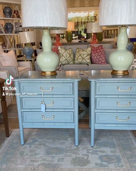 Poppys Of Macon on Instagram: "NEW| poppys line faux bamboo nightstand set lacquered in oval room blue! 

$1200 each 

20” D , 30 ” W , 32 H 

We ship anywhere in the US! DM us or comment SOLD to purchase! 

#fauxbamboo #Bamboofurniture #americasmart #fauxbamboofurniture #poppys #poppysofmacon #marketplace #vintage #chinoiserie #rattanrevival #lacqueredfurniture #lacqure #lacquregallery #palmbeachchic #blueandwhite #poppysofmacon #interiordesign #interiordesigner #bedroomdecor #ssi #macon #crlainefurniture" Cr Laine Furniture, Bamboo Nightstand, Nightstand Vintage, Bamboo Bedroom, Oval Room Blue, Nightstand Set, Room Blue, Vintage Chinoiserie, Bamboo Furniture