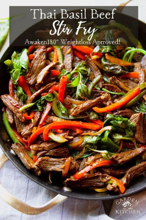 This easy 30-minutes Thai Basil Beef Stir Fry recipe is so full of flavor, it hits the spot every time! Made with skirt steak, colorful peppers and Thai basil, this dish comes together quickly, and it's perfect for a weeknight dinner! Basil Beef Stir Fry, Thai Beef Stir Fry, Beef Stir Fry Recipe, Quick Stir Fry Recipes, Garden In The Kitchen, Basil Beef, Thai Basil Beef, Easy Thai Recipes, Balanced Recipes