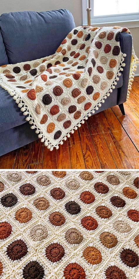 This beautiful crochet blanket by Dayna Perry is a perfect combination of granny squares and some round shapes. The retro colouring only adds up to the calming retro vibe of this design. This free crochet pattern uses the technique of join as you go when it comes to putting all those crochet squares together. That’s how on every step of the process you will have full control of your project. #freecrochetpattern #crochetpattern #crochetblanket #crochetgrannysquare Round Crotchet Blanket, Granny Square Blanket One Square, Rug Crochet Free Pattern, Square Patch Crochet Blanket, Patchwork Crochet Pattern, Easy Granny Square Blanket For Beginners, Retro Granny Square Blanket, Crochet Blanket Cute, Quilt Crochet Blanket