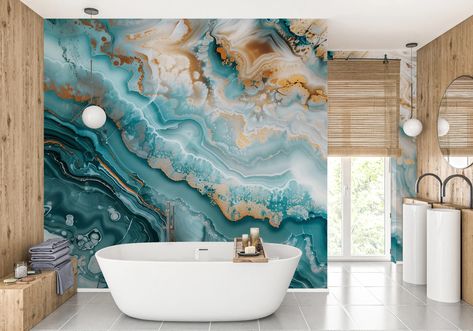 Aquamarine Marble Wall Mural - Blue Stone Wallpaper Marble Wall Mural, Stone Wallpaper, Living Room Design Inspiration, Tiles Design, Purple Abstract, Wallpaper Peel And Stick, Marble Wall, Marble Bathroom, Bathroom Wallpaper