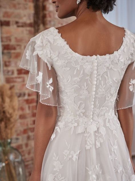 Modest Lace Wedding Dress With Sleeves, Boho Wedding Dress Short Sleeves, A Line Wedding Dress With Short Sleeves, Soft Natural Wedding Dress, Wedding Dress Flutter Sleeves, Short Sleeved Wedding Dress, Lds Wedding Dresses, Wedding Dresses With Short Sleeves, Flutter Sleeve Wedding Dress