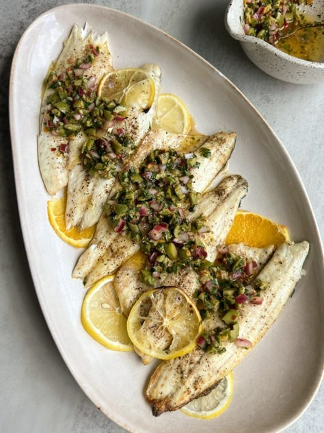 Branzino with Citrus Olive Salsa - Something Nutritious Olive Salsa, Fresh Salad, Grilled Veggies, Fresh Salads, Fish Dishes, Trader Joes, Gourmet Food, Fish Recipes, Seafood Recipes