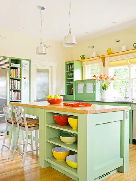 We love the mint cabinetry and open shelving in this kitchen! More colorful kitchen cabinetry: http://www.bhg.com/kitchen/cabinets/styles/colorful-kitchen-cabinetry/?socsrc=bhgpin061713mint=8 Serene Kitchen Colors, Cabinet Refinishing, Kitchen Updates, Kitchen Design Color, Fresh Kitchen, Vintage Collectables, Colorful Kitchen, Eclectic Kitchen, Open Kitchen Shelves