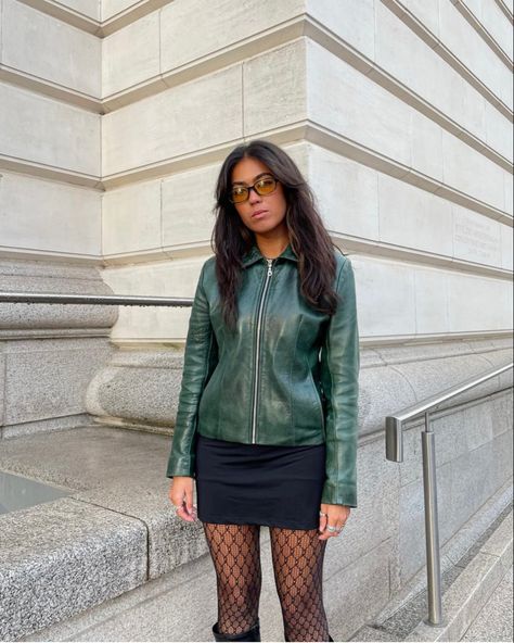 Leather Jacket Outfit Aesthetic, Green Leather Jacket Outfit, Jacket Outfit Aesthetic, Leather Jacket Aesthetic, Green Leather Jacket, Outfit Inspo Aesthetic, Leather Jacket Outfit, Green Leather Jackets, Downtown Outfits