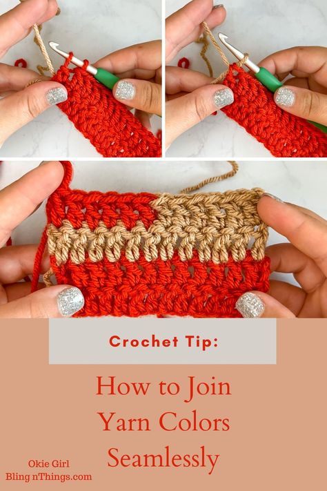 This is the easiest and best way that I have found to seamlessly join yarn colors in any crochet project whether at the end of a row or in the middle of a row.....#crochet #crochettips #freecrochettip #joiningyarn #howtochangeyarncolors #icrochet #seamlesslyjoinyarncolors How To Join Yarn In Crochet, How To Seamlessly Join Yarn, Switching Yarn Colors Crochet, How To Join Yarn Seamlessly, How To Join New Yarn In Crochet, How To Join Crochet, Best Way To Join Yarn In Crochet, How To Add A New Skein Of Yarn Crochet, Joining Yarn Crochet