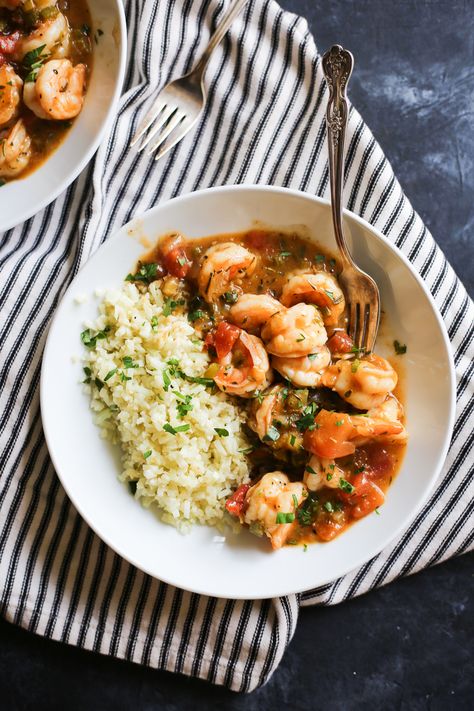 Whole30 Shrimp Etouffee - The Defined Dish Defined Dish Soups, Defined Dish Whole 30 Recipes, Whole30 Shrimp, Keto Shrimp Etouffee, Healthy Shrimp Etouffee, Shrimp Etouffee, Etouffee Recipe, Cajun Shrimp Recipes, Whole30 Dinners