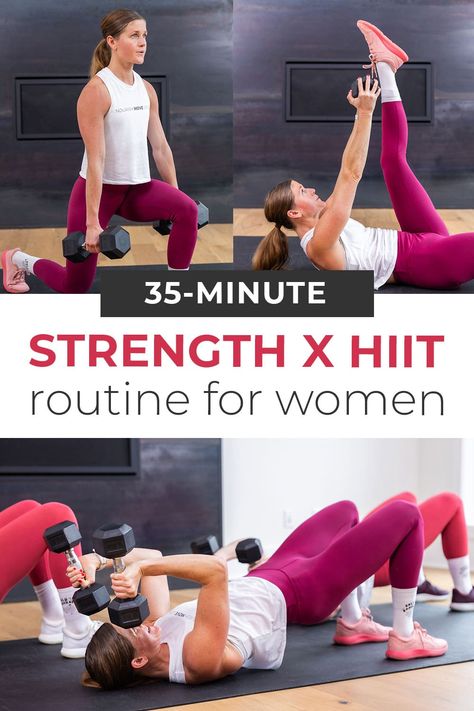 The best strength and HIIT home workout for women — 9 killer dumbbell exercises in a challenging, full body workout. Get all the benefits of strength training and HIIT workouts for women in one effective, 35-minute home workout video on YouTube! Perform all 9 HIIT exercises x 3 sets. An effective full body workout for busy woman and moms. All you need is a set of dumbbells and modifications are offered for ALL fitness levels from beginner to advanced! High Impact Workout At Home, Effective Full Body Workout, Home Workout For Women, Hiit Exercises, Full Body Strength Workout, Full Body Weight Workout, Hiit Workout Videos, Dumbbell Workouts, Workout Videos For Women