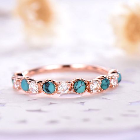 Rose Gold And Turquoise Jewelry, Rose Gold And Turquoise Wedding Ring, Opal And Turquoise Engagement Ring, Turquoise Wedding Bands For Women, Western Promise Rings For Her, Western Promise Rings, Turquoise Birthstone Ring, Blue Turquoise Wedding, Western Wedding Rings