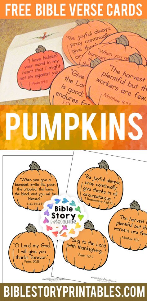 Free Thanksgiving Bible Verse Cards for Kids!  8 Printable Pumpkins, each with a key scripture focusing on gratitude and thankfulness. This set is perfect for Halloween, Harvest Festivals, and Thanskgiving. Fall Church Lessons For Kids, Fall Christian Preschool Crafts, Fall Christian Crafts For Kids, Fall Bible Lessons For Kids, Harvest Bible Lessons For Kids, Thanksgiving Bible Lessons For Teens, Thankfulness Bible Lessons For Kids, Bible Lessons On Thankfulness For Kids, Harvest Festival Ideas