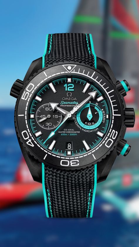 The Omega Seamaster ETNZ Edition is a luxury dive watch with a regatta chronograph complication, designed specifically for competitive sailing and in collaboration with Emirates Team New Zealand for the 37th America’s Cup. It offers features like 600m water resistance and is inspired by the history and aesthetics of the America's Cup and the Emirates Team New Zealand. Sailing Watch, America's Cup, Americas Cup, Dive Watches, Omega Seamaster, The History, Chronograph, Diving, Sailing