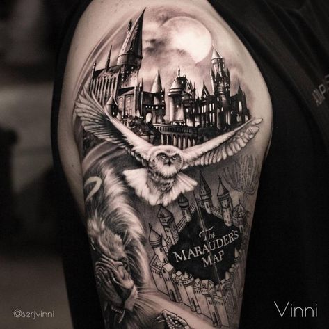 Harry Potter Sleeve Tattoo Ideas, Harry Potter Cover Up Tattoo, Harry Potter Tattoos Sleeve Arm, Harry Potter Sleeve Tattoo For Women, Harry Potter Castle Tattoo, Harry Potter Tattoo Designs, Hedwig Tattoo, Harry Potter Tattoo Sleeve, Harry Potter Tattoo Ideas