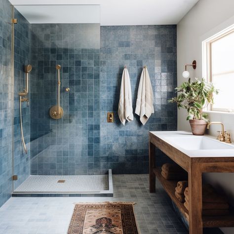 Colored Tiles Bathroom, Ocean Style Bathroom, Blue And Gray Tile Bathroom, Modern Nature Bathroom, Blue Zellige Bathroom, Colorful Tiles Bathroom, Aquamarine Tile Bathroom, Small Bathroom Blue Tile, Bathroom Tiling Designs