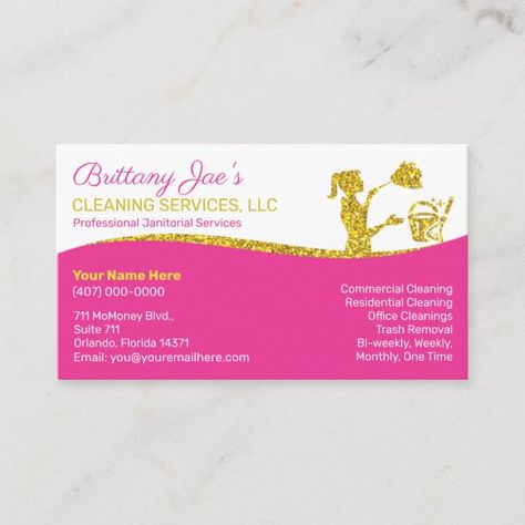 Professional Cleaning/Janitorial Housekeeping Serv Business Card House Cleaning Business, Business Cards Layout, Photo Business Cards, Janitorial Services, Residential Cleaning, Cleaning Business Cards, Cleaning Mops, Cleaning Business, Gold Text