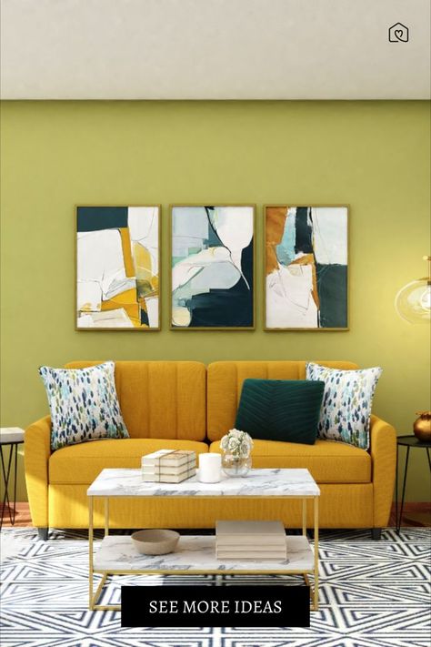 A blast of colors is happening in this living room designed around a bright lime green wall accented by a mustard couch. The =geometric rug balances out the brilliant hues, and the overall space stands out beautifully. Love this? Visit Spacejoy for eclectic living room design and decor inspirations. #eclecticlivingroom #livingroomwitheclecticcolors #eclecticlivingroomdesigb #eclecticlivingspacedesignideas #eclecticgallerywallinalivingroom #brighteclecticlivingroom #livingroomwithyellosofa Green Yellow Cream Living Room, Lime Walls Living Room, Cream And Mustard Living Room, Living Room Yellow Couch Decorating Ideas, Gray Walls Colorful Decor, Mustard Yellow And Teal Living Room, Lime Green Walls Living Room, Lime Green Living Room Ideas, Yellow Sofa Living Room Colour Palettes