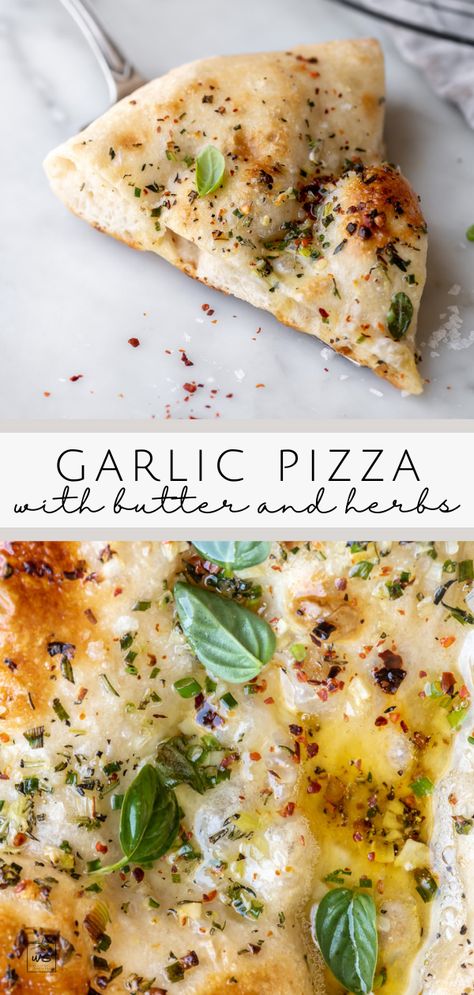 This recipe has everything you want in a garlic pizza! Rich pools of garlic butter, a scattering of fresh herbs, and a crispy chewy crust to soak it all up. Garlic Parm Recipes, Garlic Crust Pizza, Garlic Bread Pizza Crust, Bread Machine Garlic Pizza Dough, Flavored Pizza Crust, Pizza Crust Garlic Bread, Easy Snack Dinners, Garlic Parmesan Flatbread, Pizza Garlic Bread Recipe Easy