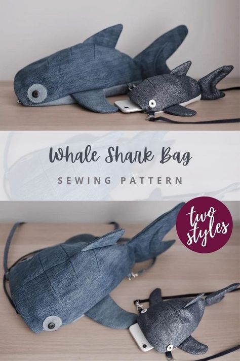 Whale Shark Bag sewing pattern (2 styles). This is a unique shark bag sewing pattern that kids and adults will love. The designer has made two styles of Whale Shark Bag - the Mummy Shark and the Baby Shark. With this pattern you can sew a whale shark backpack and theres a matching crossbody bag to sew too. Shark sewing pattern. SewModernBags Whale Shark Plushie Pattern, Whale Purse Pattern, Whale Shark Bag Pattern, Fish Bag Sewing Pattern, Easy Plushie Patterns, Easy Stuffed Animals To Sew, Whale Shark Bag, Shark Sewing Pattern, Fish Backpack