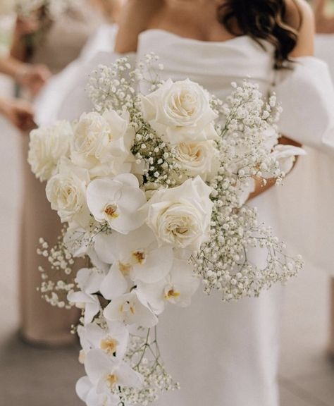 Large Wedding Bouquet Brides, Hanging Bridal Bouquet White, White Roses Cascade Bouquet, Cascading White Orchid Bridal Bouquet, Wedding Flower Peonies, Pearls In Bouquet, Stunning Bridal Bouquet, Bouquet Wedding Long, White Rose And Orchid Wedding Bouquet