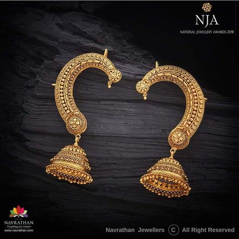 Full Earrings Ear Cuffs Gold Indian, Gold Ear Cuff Earrings Indian, Navrathan Jewellers, Full Earrings, Tanishq Jewellery, Fashion Jewelry Necklaces Gold, Temple Jewellery Earrings, Gold Jhumka Earrings, Antique Necklaces Design