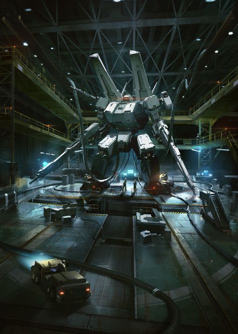 Mech Concept Art by Susan Luo Sci Fi Hangar, Concept Art World, Future Soldier, Armored Core, Arte Robot, Power Armor, Giant Robots, Science Fiction Art, Robot Design