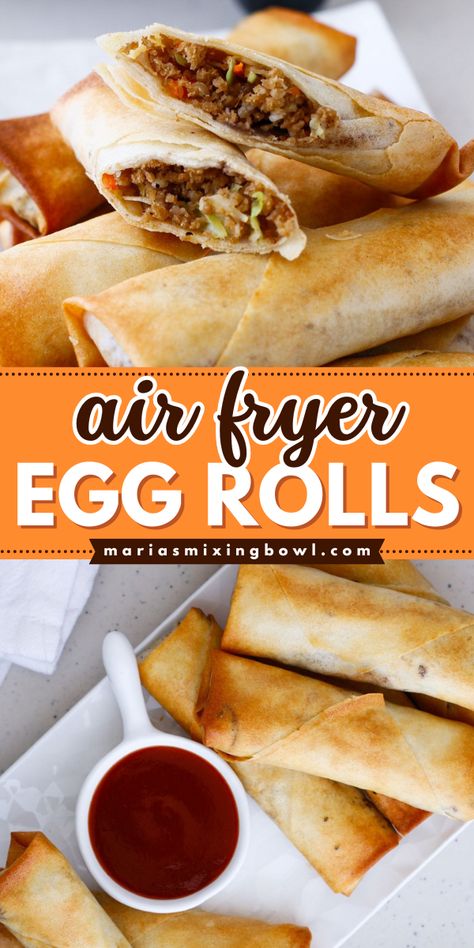 These Air Fryer Egg Rolls are traditionally flavored egg rolls that are perfectly crispy, but since they are air fried they have less fat and no grease! So delicious. Air Fry Egg Rolls, Egg Roll Recipes Air Fryer, Eggs Rolls In Air Fryer, Easy Eggrolls Air Fryer, Dessert Egg Rolls Air Fryer, Air Fryer Dessert Egg Rolls Recipe, Egg Rolls In Air Fryer, Air Fryer Recipes Egg Rolls, Air Fryer Egg Rolls