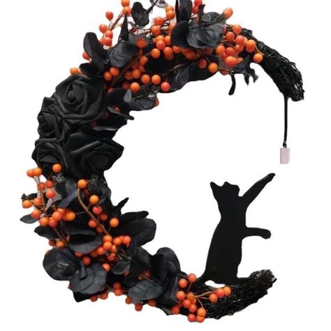 PRICES MAY VARY. 🌙🎃【HALLOWEEN DOOR WREATH GARLAND】This front door halloween wreath is the perfect way to dress up your door halloween festival! The cute cat inviting you to join the crazy halloween party. Don't hesitate hanging this halloween decor on your front door and inviting people out there knocking on the door. Lets enjoy a happy halloween. 🌙🎃【EASY TO HANG HALLOWEEN DECORATIONS】The hallowen garland is used for front door decoration, easy to hang anywhere. It is not only beautiful wrea Pool Noodle Moon Shaped Wreath, Half Moon Witch Wreath, Black Front Door Wreaths & Garlands, Witchy Wreaths Kitchen, Disney Villian Wreath, Moon Wreath Yarn, Gothic Wreath Farmhouse, Jack Skeleton Halloween Wreath, Witchy Protection Wreaths