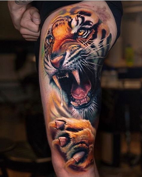 Side Leg Tattoo, New Traditional Tattoo, Tiger Tattoo Sleeve, Japanese Tiger Tattoo, Best Leg Tattoos, Octopus Tattoos, Lion Head Tattoos, Tiger Tattoo Design, Leg Tattoo Men