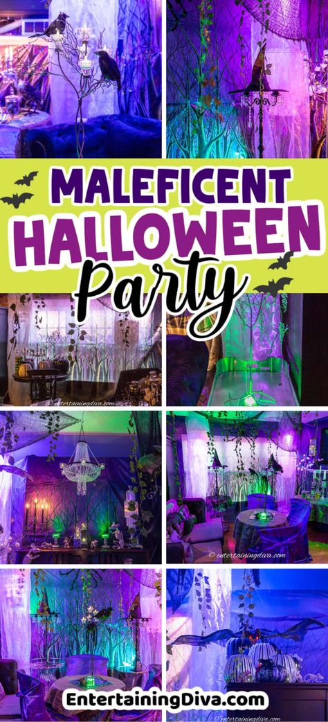 Maleficent Halloween Party | Halloween Maleficent Trunk Or Treat, Enchanted Forest Halloween Decorations, Maleficent Cake, Halloween Party Decor Ideas, Maleficent Party, Maleficent Halloween, Party Decor Ideas, The Enchanted Forest, Spooky Halloween Party