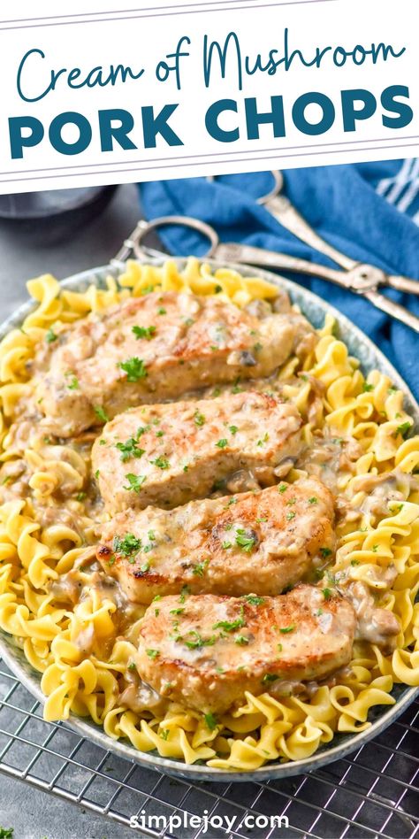 Cream of Mushroom Pork Chops is an easy dinner made with simple ingredients. Keep it low carb by serving it with a salad, or serve those pork chops in their rich cream sauce over noodles. Pasta And Pork Chops, Pork Chops With Noodles, Pork Chops And Egg Noodles, Pork Chop And Noodle Recipes, 3 Ingredient Pork Chops, Pork Chops And Noodles Recipes, Pork Chops And Noodles, Butterfly Pork Chops, Butterfly Pork Chop Recipes