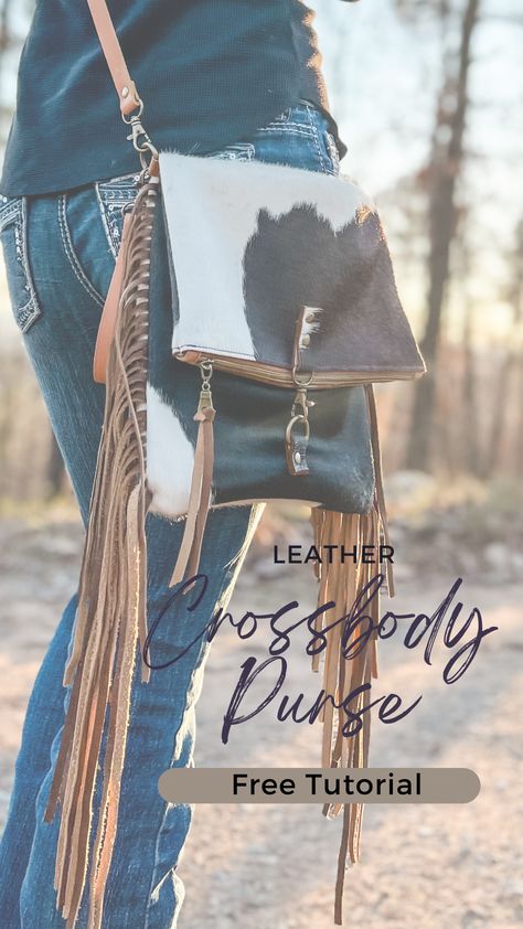 Follow along as I share, step by step, how to recreate this awesome bag- even the fringe, for free! Leather Purse Diy, Diy Leather Pouches, Leather Purse Pattern, Diy Leather Working, Leather Handbag Patterns, Fringe Crossbody Purse, Leather Fringe Purse, Leather Bag Tutorial, Leather Tutorial