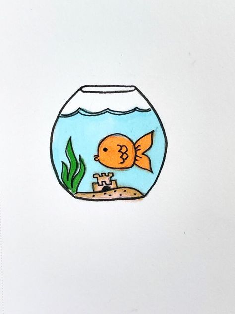 picture of a goldfish bowl drawing Goldfish In A Bowl Drawing, Goldfish Bowl Tattoo, Goldfish Drawing Easy, Goldfish Doodle, Fish Bowl Drawing, Drawing Of A Fish, Goldfish Drawing, Cartoon Goldfish, Bowl Drawing