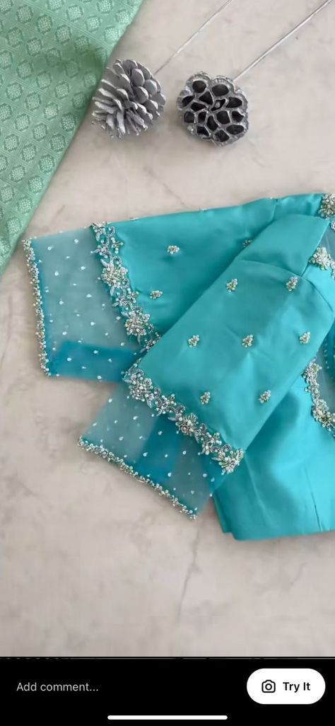 Net Blue Blouse Designs, Net Pattu Blouse Designs, Blue And Silver Blouse Designs, Pattu Saree Blouse Maggam Work Designs, Net Hand Designs For Blouses, Pattu Blouse With Net Sleeves, Glass Beads Aari Work Blouse, Different Blouse Neck Designs, Net Blouse For Pattu Saree